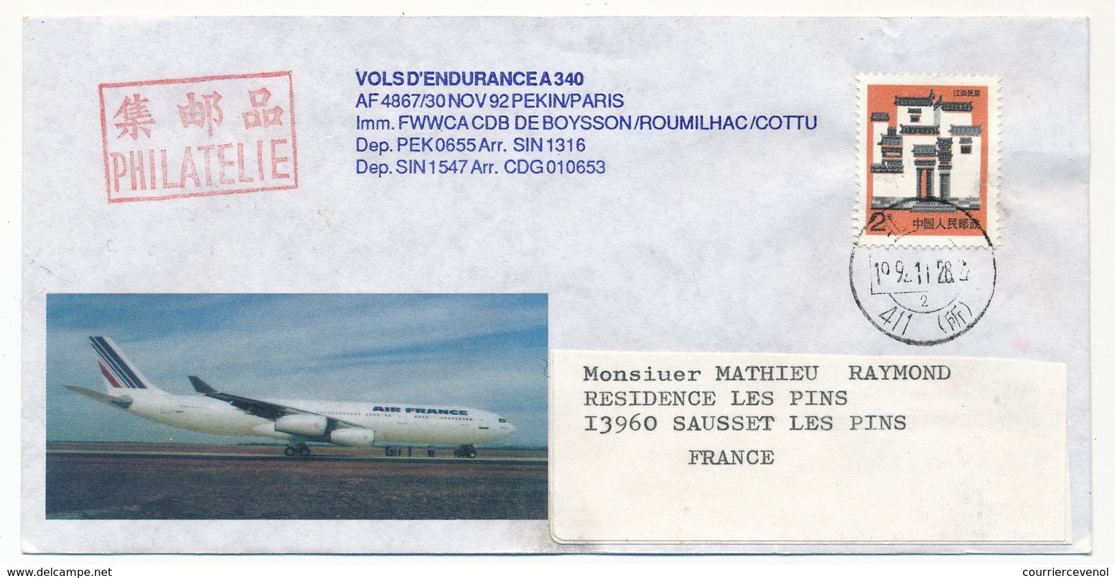 Enveloppe - Vol D'endurance A 340 - Pékin - Paris 30/11/1992 - Lettres & Documents