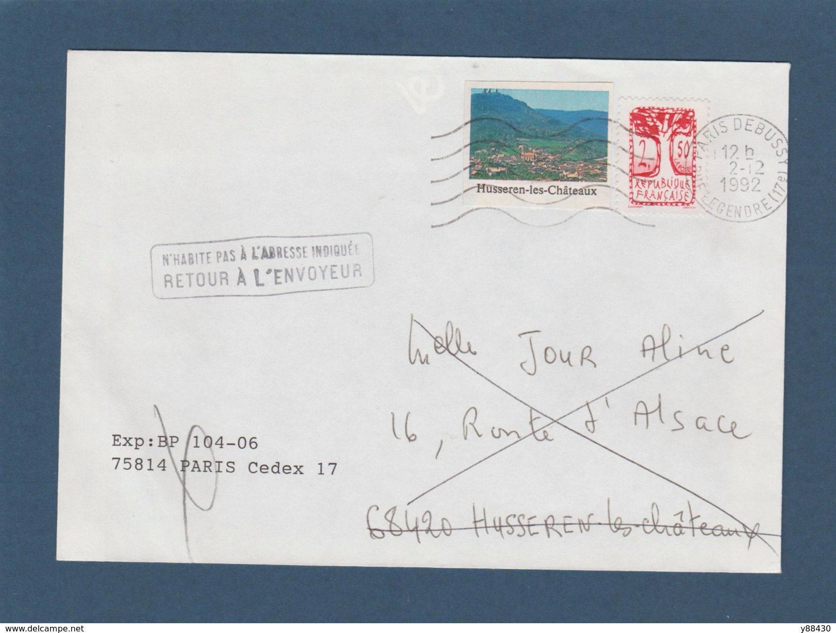 2772 De 1992 - Adresse Fantaisiste - M. JOUR à HUSSEREN LES CHÂTEAUX. 68 - Retour Cachet De HERRLISHEIM - Voir 2 Scannes - Usados