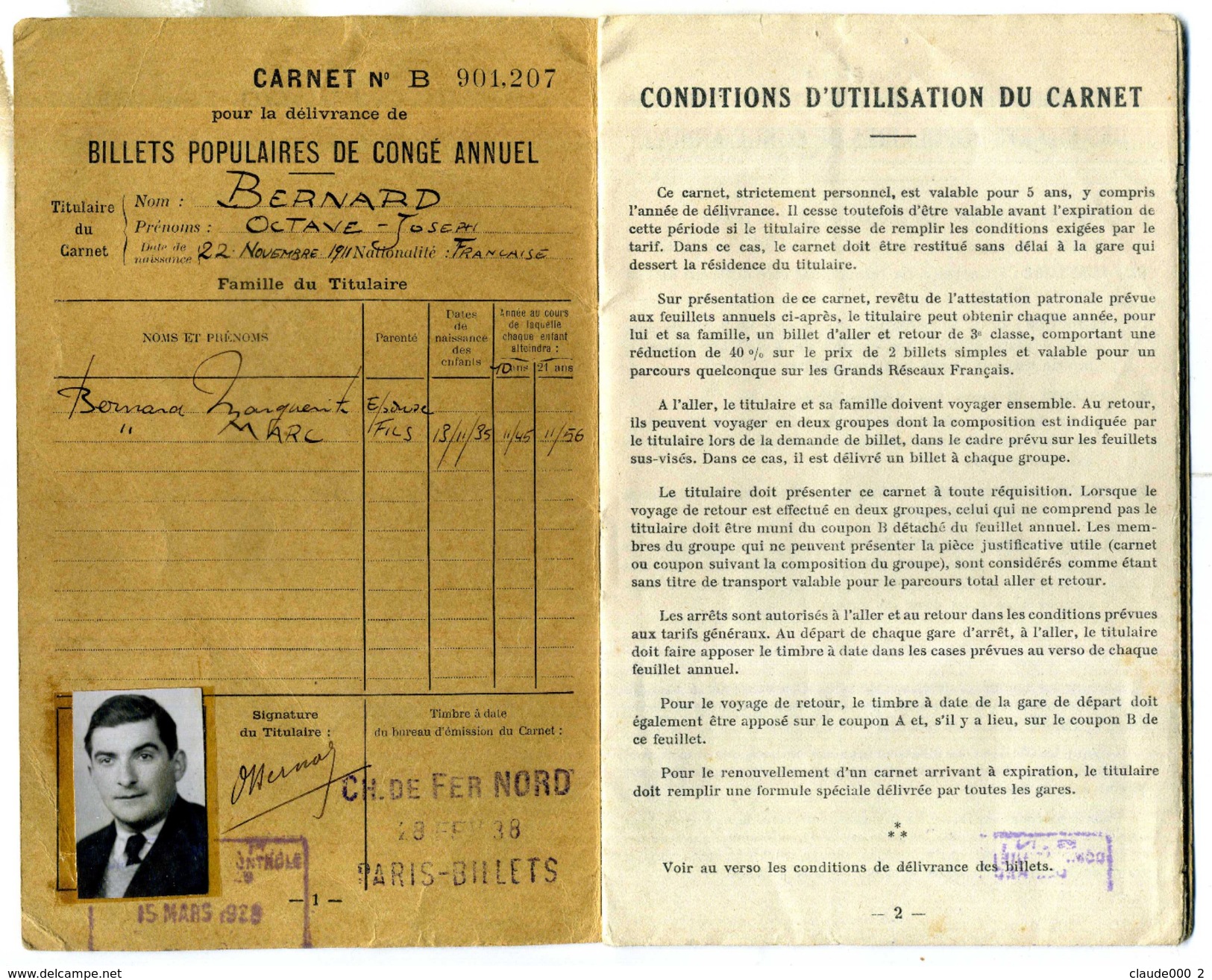 CARNET BILLETS POPULAIRES DE CONGE ANNUEL De Mr BERNARD Octave-Joseph Né Le 22/11/1911 - Europe