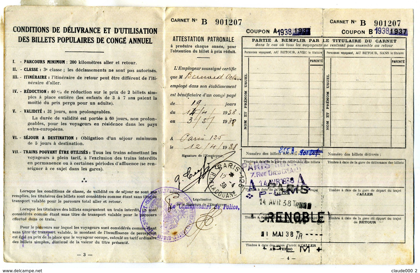 CARNET BILLETS POPULAIRES DE CONGE ANNUEL De Mr BERNARD Octave-Joseph Né Le 22/11/1911 - Europe