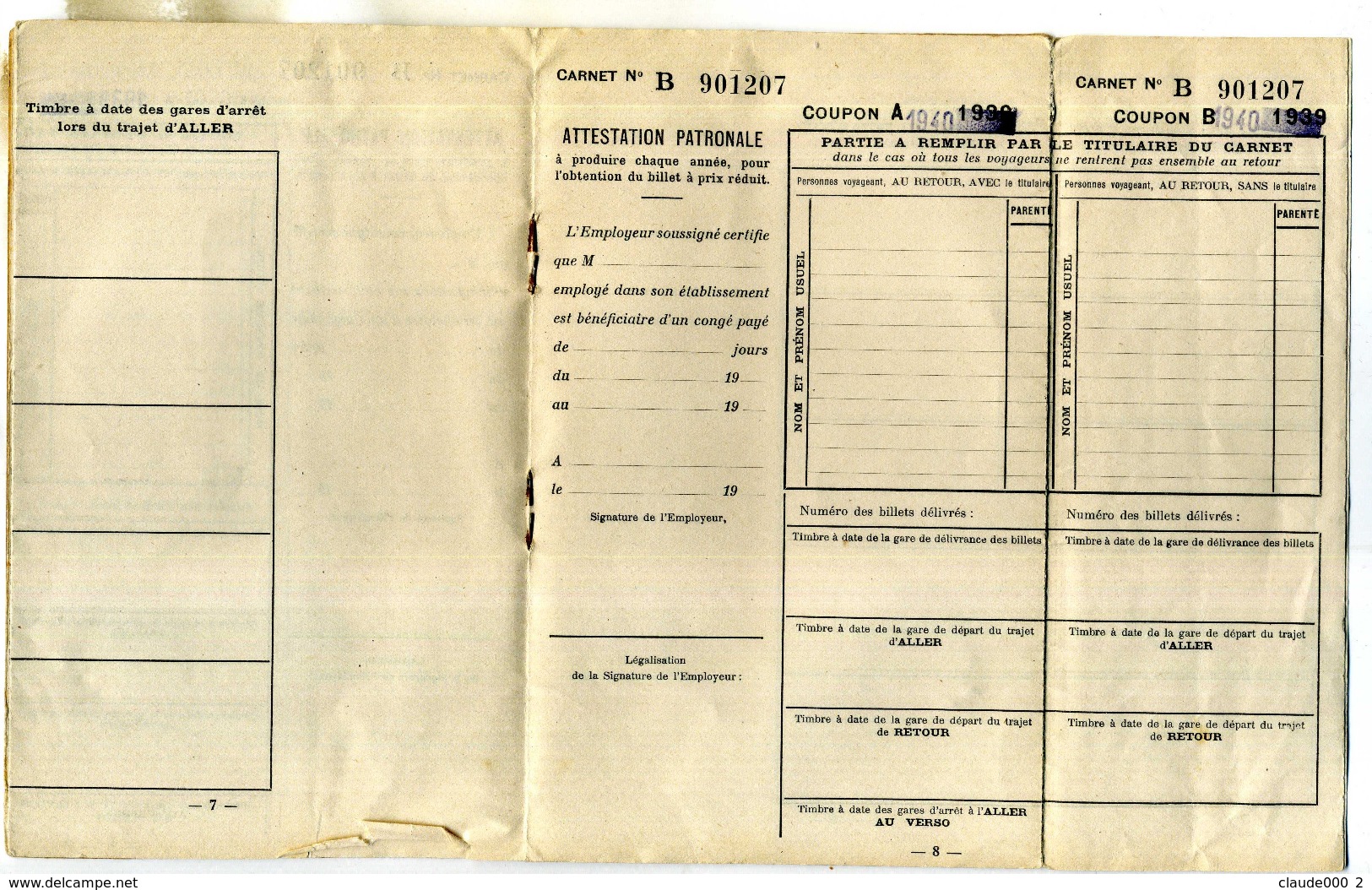 CARNET BILLETS POPULAIRES DE CONGE ANNUEL de Mr BERNARD Octave-Joseph né le 22/11/1911