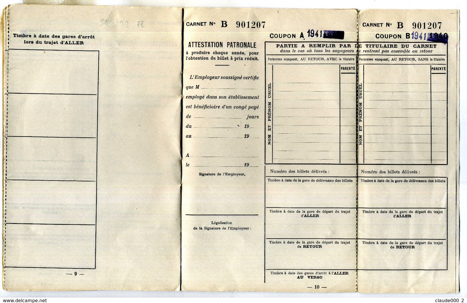 CARNET BILLETS POPULAIRES DE CONGE ANNUEL de Mr BERNARD Octave-Joseph né le 22/11/1911
