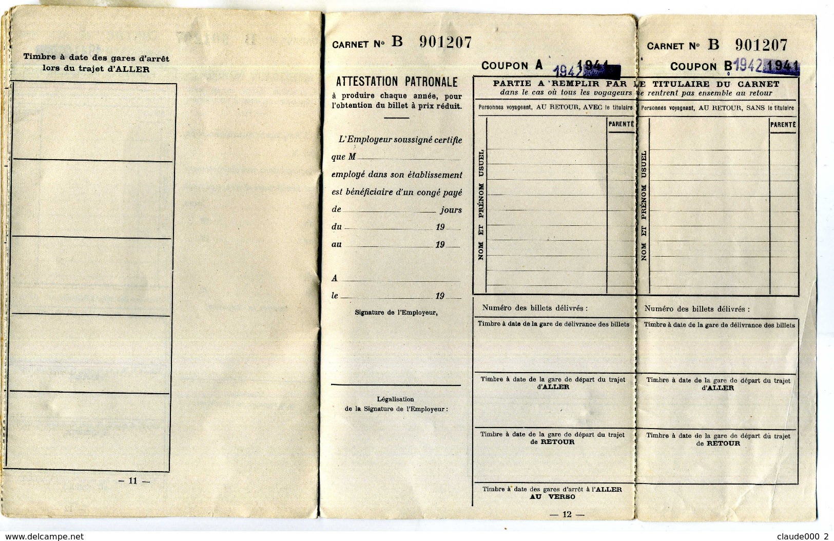 CARNET BILLETS POPULAIRES DE CONGE ANNUEL de Mr BERNARD Octave-Joseph né le 22/11/1911