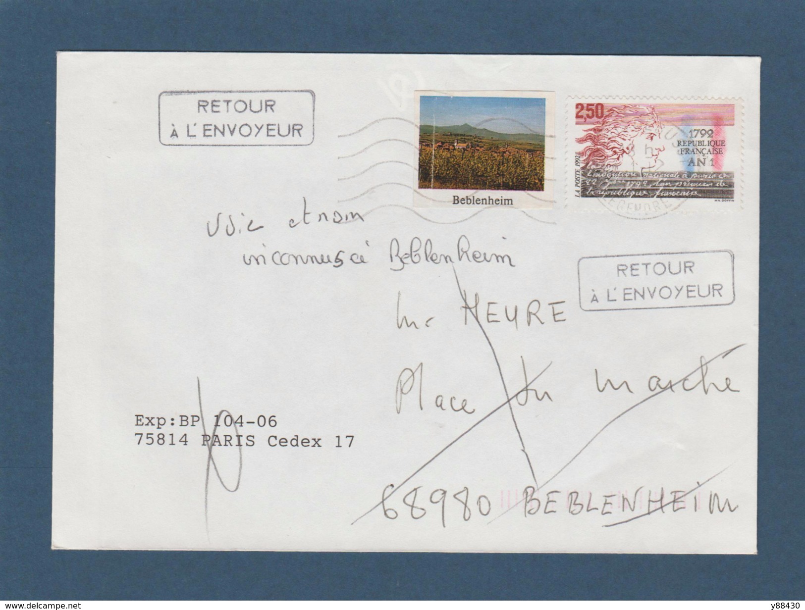 2771 De 1992 - Adresse Fantaisiste - M. HEURE à BEBLENHEIM 68 - Cachet Retour De Beblenheim - Voir 2 Scannes - Oblitérés