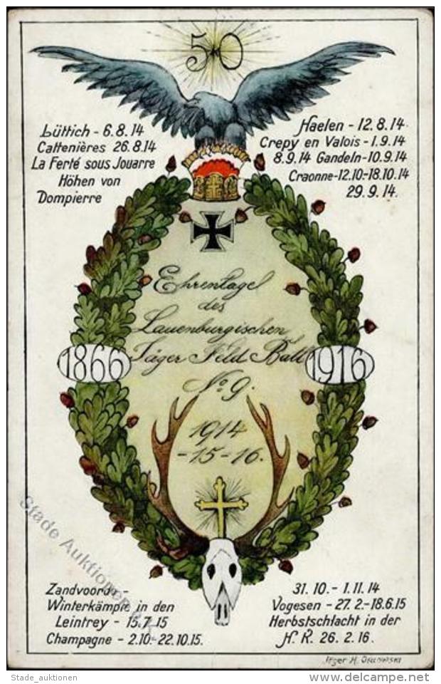 Regiment Ehrentafel Des Lauenburgischen J&auml;ger Feld Batt. Nr. 9 1916 I-II (Ecke Abgestossen) - Regimente