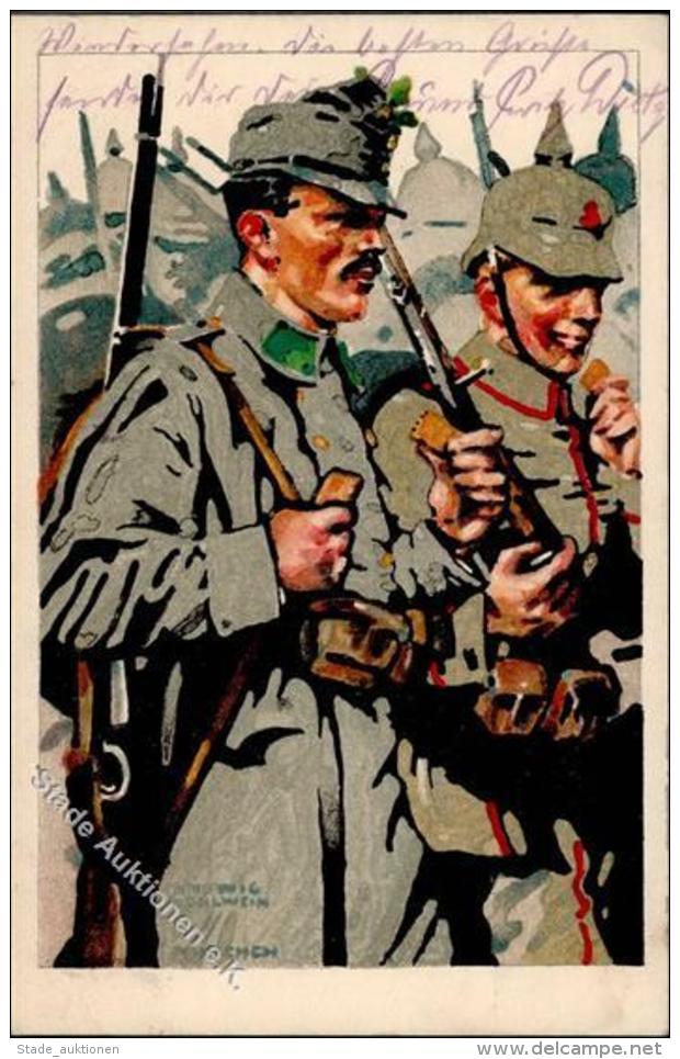 WK I Sign. Hohlwein, Ludwig Soldaten Bahlens Kekse Werbung K&uuml;nstlerkarte I-II Publicite - Non Classificati