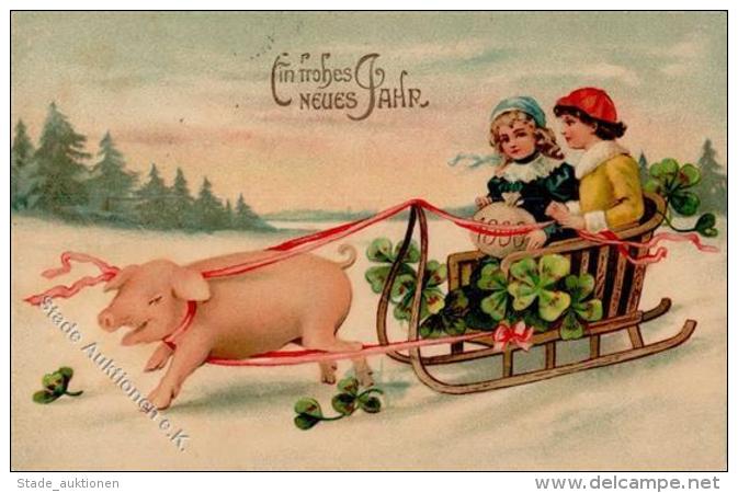 Schwein Kinder Schlitten Neujahr Pr&auml;gedruck 1911 I-II Cochon Bonne Annee - Ohne Zuordnung