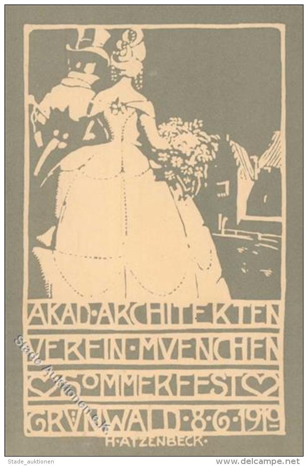 Kunstgeschichte M&uuml;nchen Sign. Atzenbeck, H. Akad. Architekten Verein Sommerfest 1910 K&uuml;nstler-Karte I-II - Ohne Zuordnung