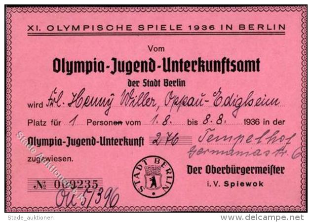 BERLIN OLYMPIA 1936 - Unterkunft-Zuweisungskarte (keine Ak) D. Olympia-Jugend-Unterkunftsamt (r&uuml;cks. Klebestellen) - Ohne Zuordnung