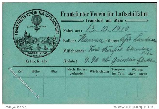 Ballon Postkarte Frankfurter Verein F&uuml;r Luftschiffahrt 1910 I-II - Ohne Zuordnung