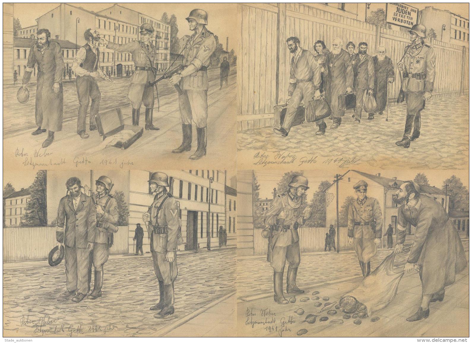 GHETTO LITZMANNSTADT - 4 DIN A4-Bleistift-Zeichnungen Aus Dem Ghetto Litzmannstadt JUDEN Werden Eingeliefert, Jude Wird - Judaisme