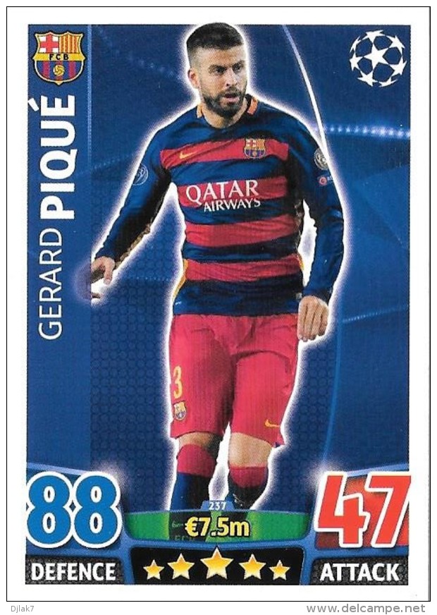 CARTE TOPPS MATCH ATAX CHAMPIONS LEAGUE 2015-16 - FC BARCELONE - GERARD PIQUE N°237 - Trading-Karten