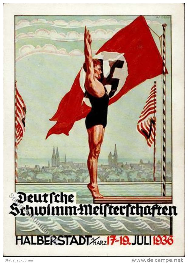 HALBERSTADT WK II - DEUTSCHE SCHWIMM-MEISTERSCHAFTEN 1936 -K&uuml;nstlerkarte Sign. W.Gemm I - Ohne Zuordnung