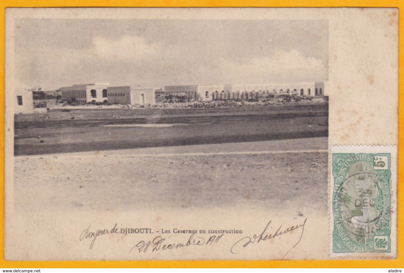 1911 - CP De Djibouti, Côte Française Des Somalis Vers Roubaix, France - Timbre 5 C Seul - Vue Des Casernes - Brieven En Documenten