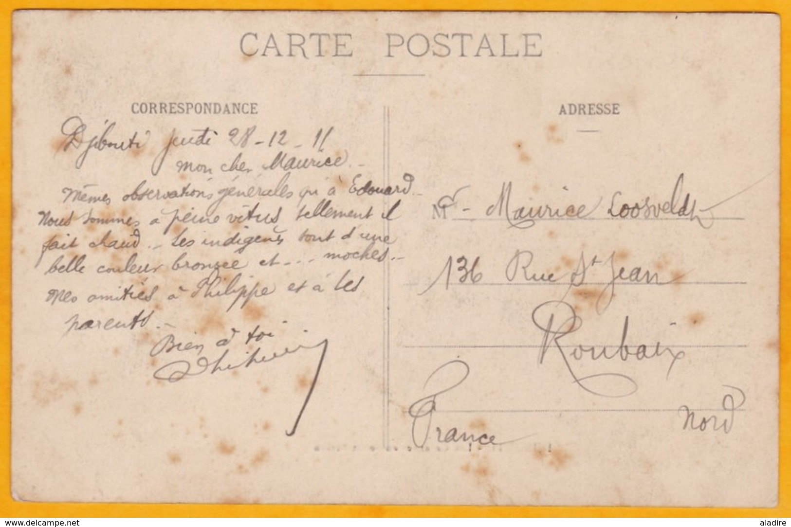 1911 - CP De Djibouti, Côte Française Des Somalis Vers Roubaix, France - Timbre 5 C Seul - Vue Des Casernes - Brieven En Documenten