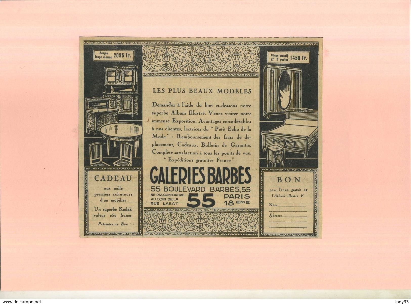 FRANCE 75 . GALERIES BARBES  . PUB  DES ANNEES 1920  . DECOUPEE ET COLLEE SUR PAPIER . - Other & Unclassified