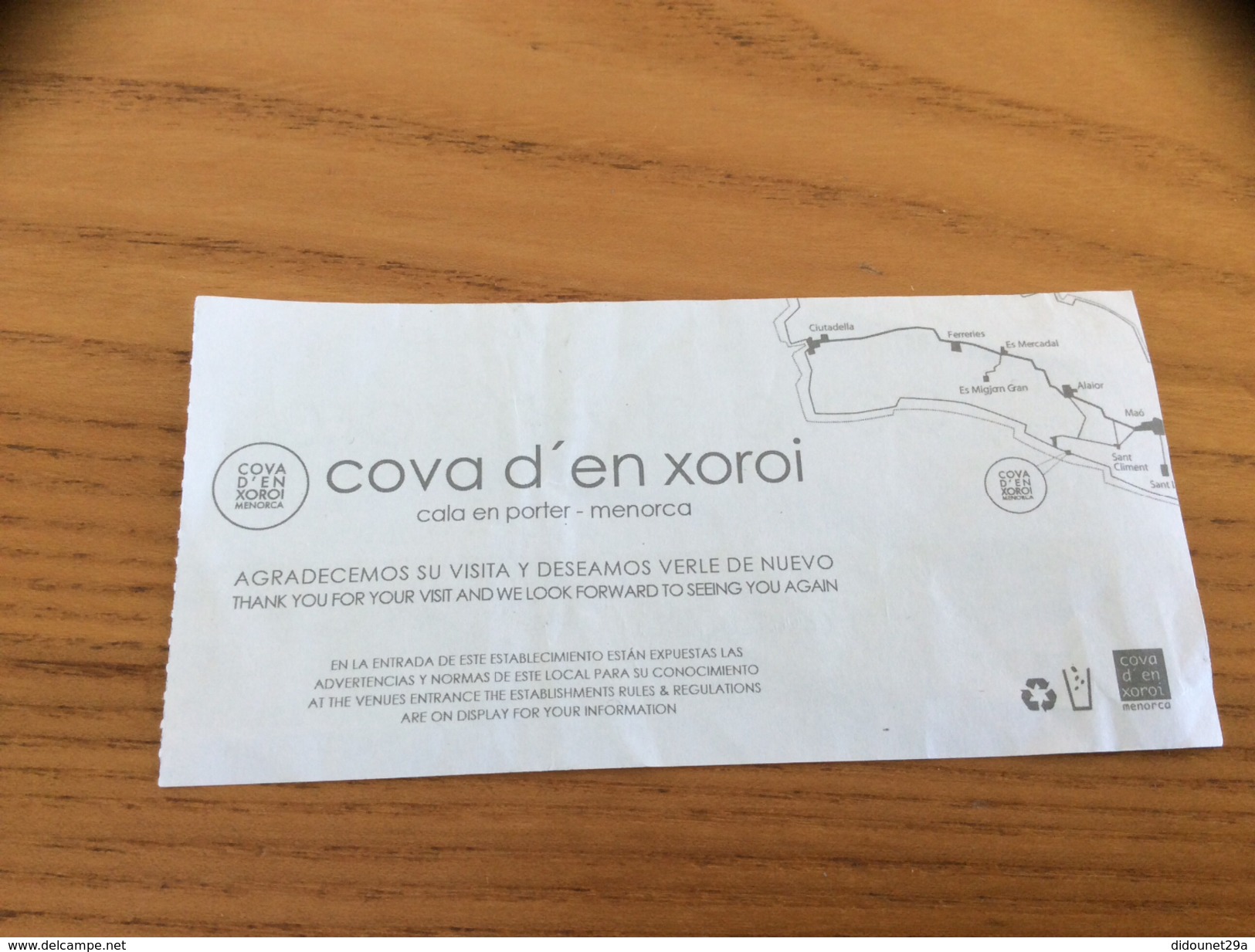 Ticket D´entrée "cova D'en Xoroi - Cala En Porter - Menorca" (Minorque Espagne) - Biglietti D'ingresso