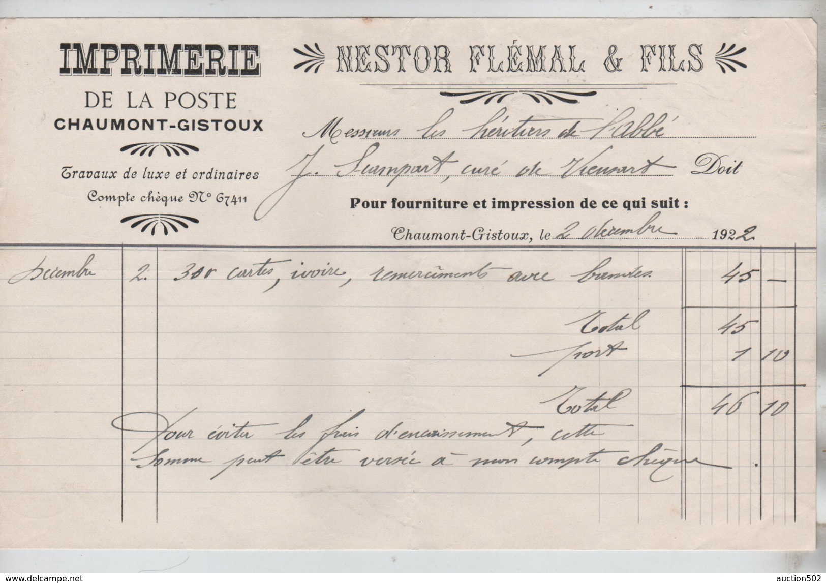 Factures Nestor Flémal&Fils Imprimerie De La Poste Chamount Gistoux En 1922 - 1900 – 1949