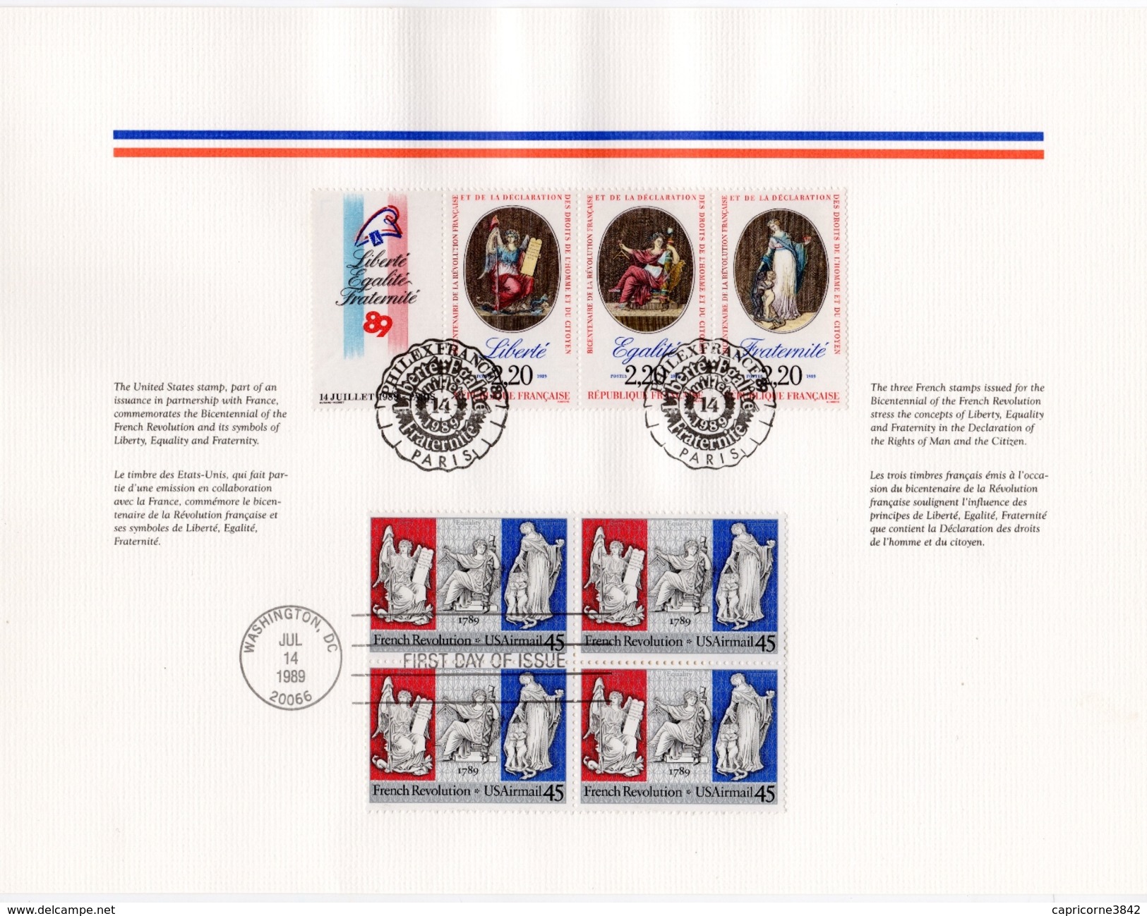 1989 -Livret Philatélique De Luxe  FRANCO-AMERICAIN "La Révolution Française" -Triptyque Français (2576) +bloc USA (2044 - 1981-1990