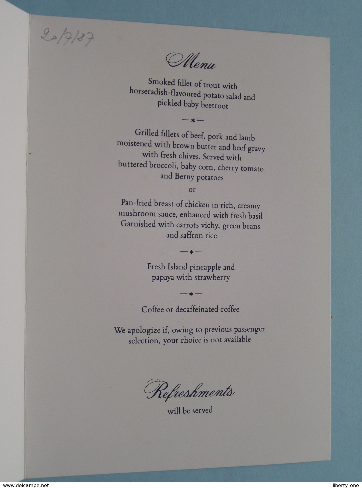 Menu BRITISH AIRWAYS ( BA 1283 ) 20-7-87 / Zie Foto´s ! - Menus