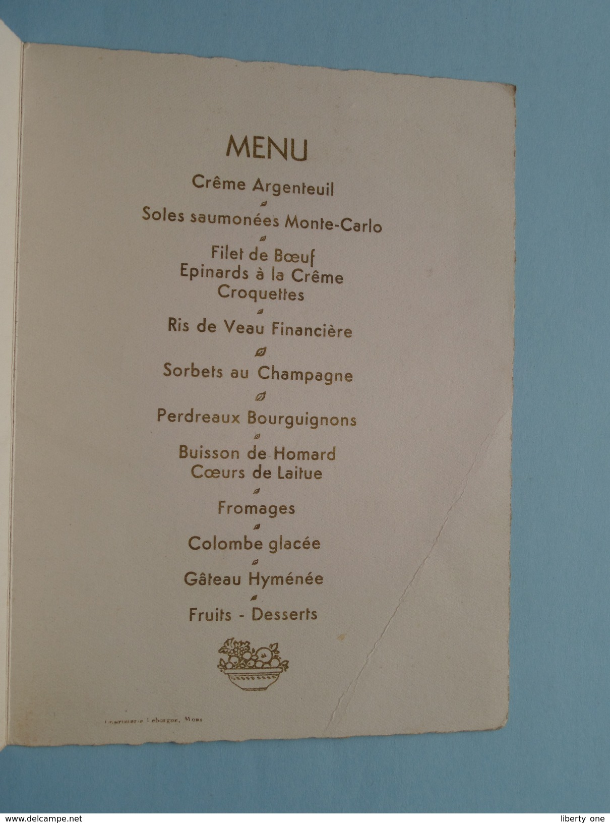 MENU Suzanne - Yvon MONS 29 Sept 1934 ( Mme D'Hondt ) Imp. Leborgne Mons Liège / Zie Foto´s ! - Menus