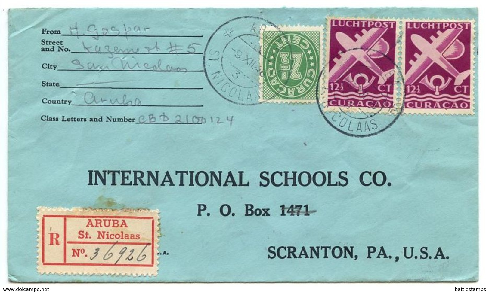 Netherlands Antilles 1948 Registered Cover Aruba, St. Nicolaas To U.S. W/ Scott 150 & C33A - Curaçao, Antilles Neérlandaises, Aruba