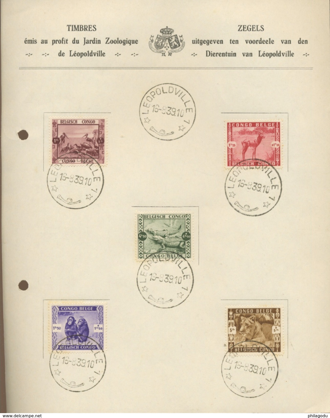 Souvenir 16-8-1939  ZOO De Léopolville  Yv. 209-213  Cote 40 &euro; En Oblitéré Normaux - Lettres & Documents