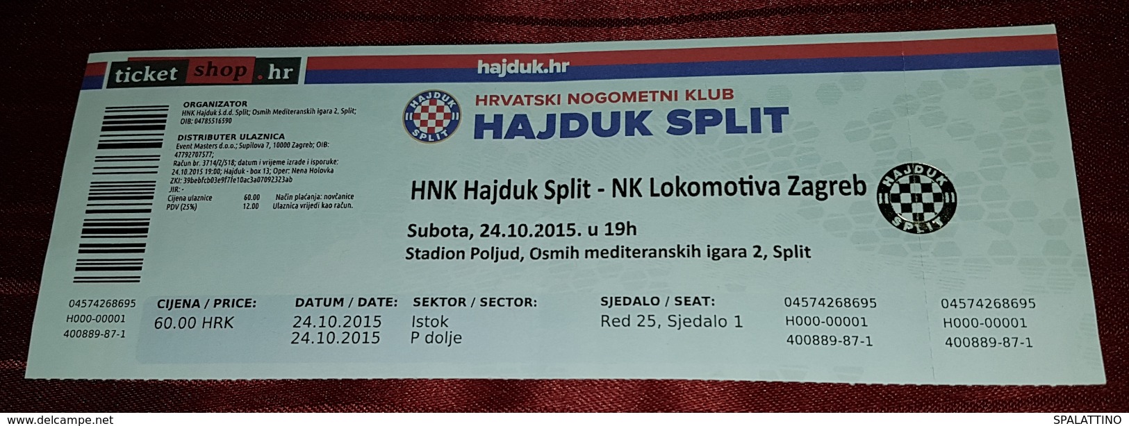 NK HAJDUK- NK LOKOMOTIVA, CROATIAN FIRST DIVISION, FOOTBALL MATCH TICKET- UNUSED - Tickets & Toegangskaarten