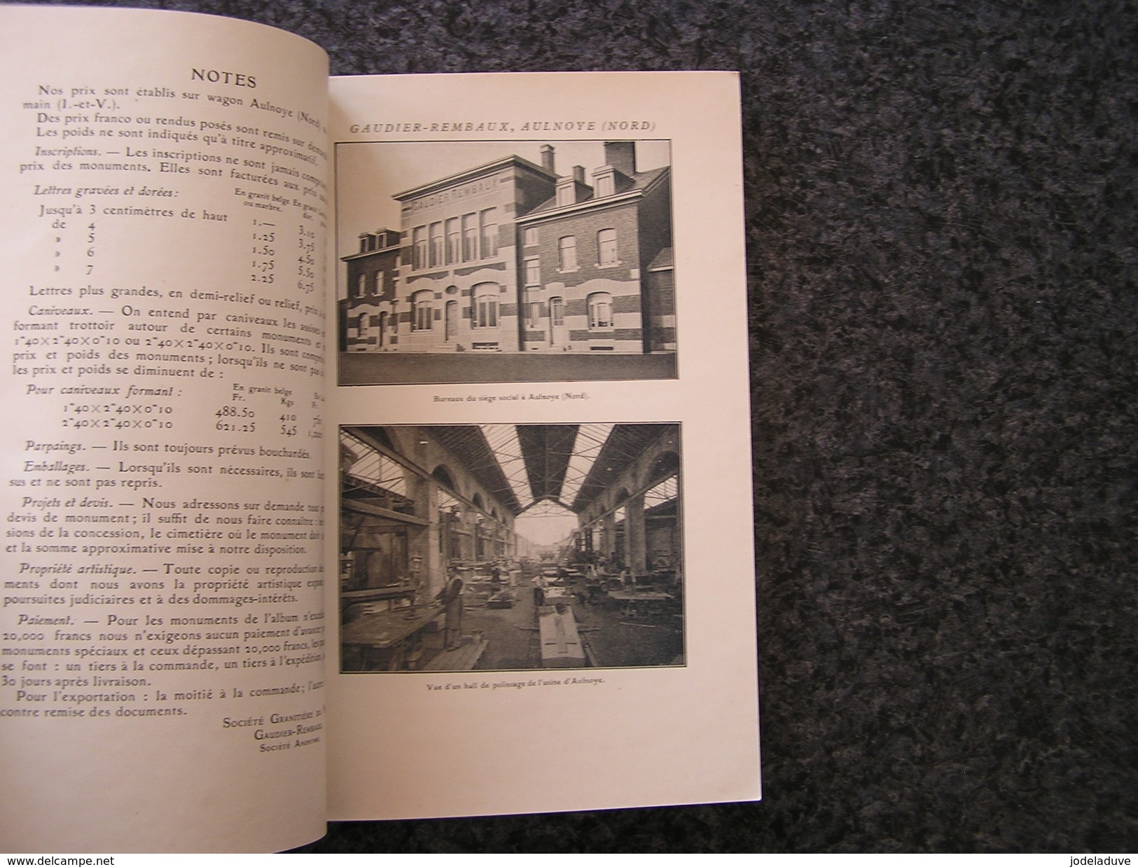 GAUDIER REMBAUX Aulnoye Monuments Funéraires Stèles Cimetières Catalogue 1925 Société Granitière Carrière Pierre - Picardie - Nord-Pas-de-Calais