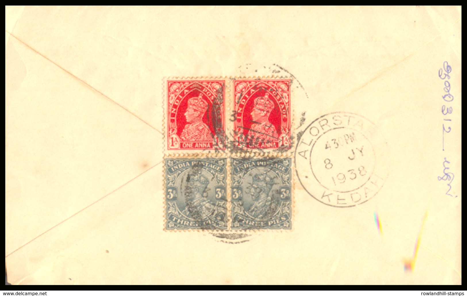 Malaya, Kedah, 1938, Transmitted Envelope, Sent To Malaya From India, Various Postmark, King George V & VI. - Kedah