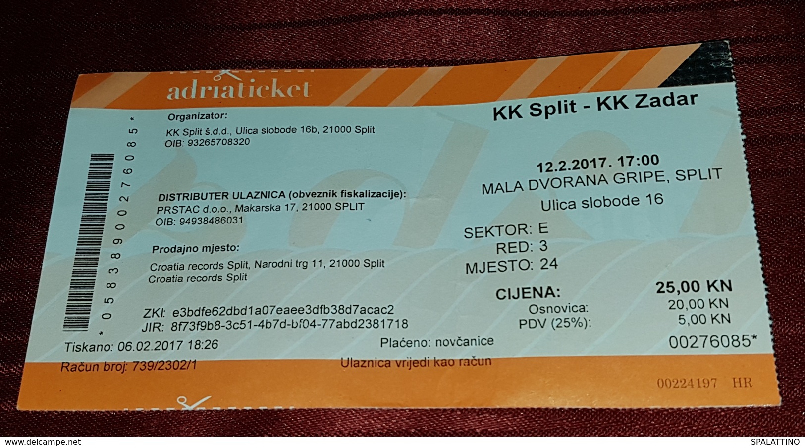 BASKETBALL CLUB SPLIT- BASKETBALL CLUB ZADAR, CROATIAN FIRST DIVISION, MATCH TICKET - Match Tickets
