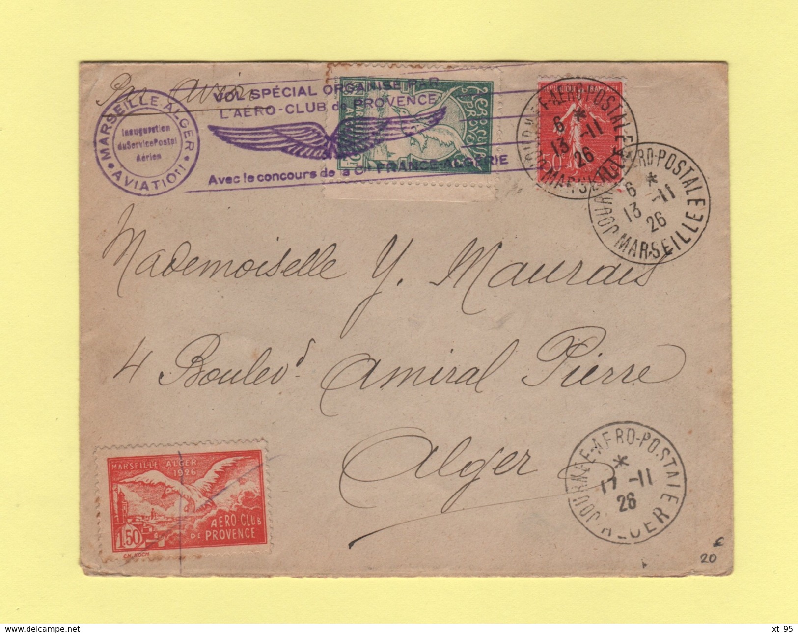 Vol Special Marseille Alger - Journee Aeropostale Marseille - 13-11-1926 - 1960-.... Lettres & Documents