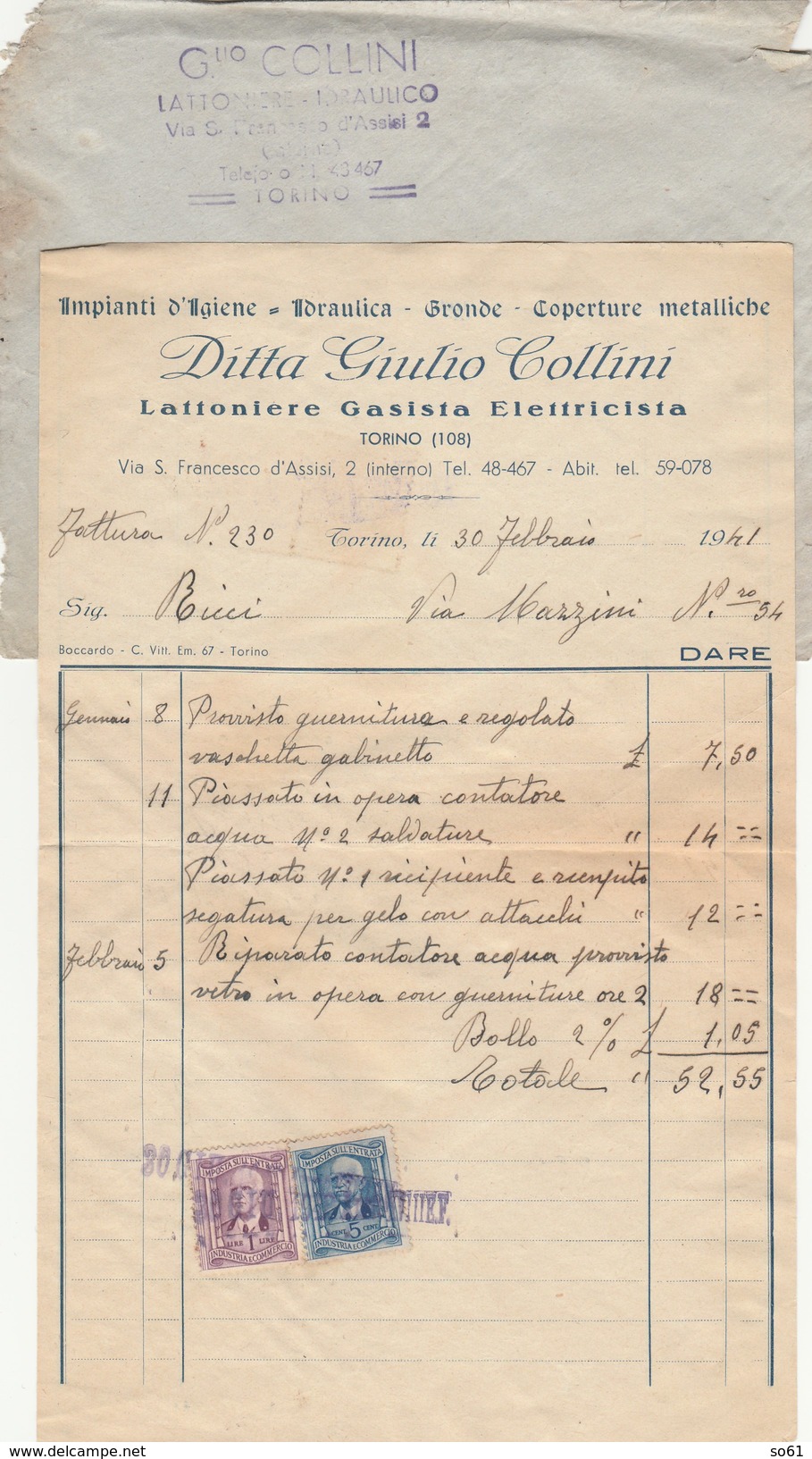 6348. Lp    Fattura Con Busta Ditta Collini Lattoniere Gasista Elettricista - Torino Febbraio 1941 - Italia