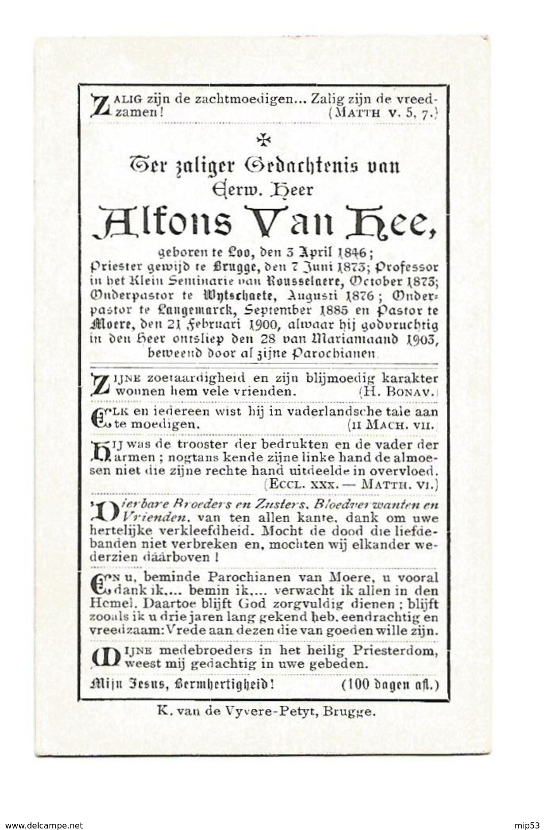 P 211.E.H. ALFONS VAN HEE - °LOO 1846 /BRUGGE/ROUSSELARE/WIJTSCHATE/LANGEMARK - +MOERE1903 - Devotion Images