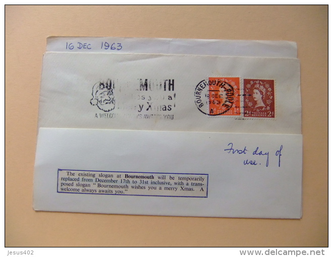 CARTA COVER U.K. FIRST DAY Of Use - BOURNEMOUTH WISHES YOU A MERRY XMAS - BOURNEMOUTH 16/12/1963 - Cartas & Documentos