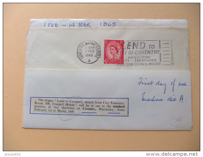 CARTA COVER U.K. FIRST DAY Of Use - LEND To CITY Of COVENTRY Details From CITY TREASURER ROOM 306 COUNCIL HOUSE 1/2/1965 - Cartas & Documentos