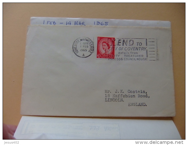 CARTA COVER U.K. FIRST DAY Of Use - LEND To CITY Of COVENTRY Details From CITY TREASURER ROOM 306 COUNCIL HOUSE 1/2/1965 - Cartas & Documentos