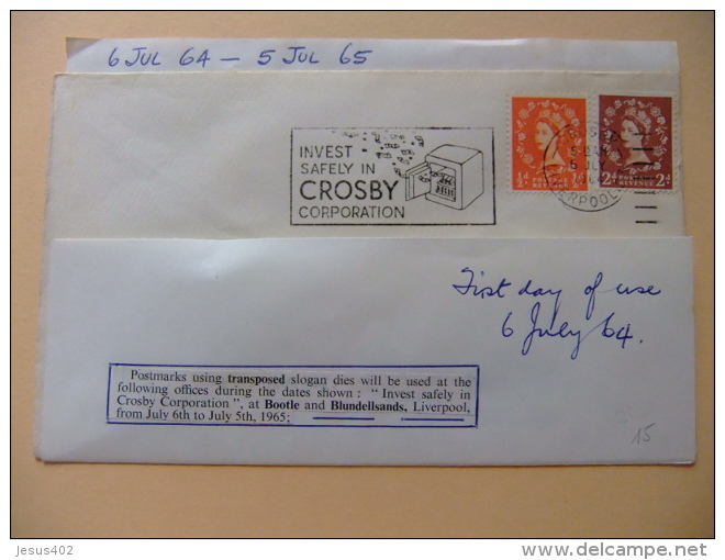 CARTA COVER U.K. FIRST DAY Of Use - INVEST SAFELY In CROSBY CORPORATION - LIVERPOOL 6/7/1965 - Cartas & Documentos