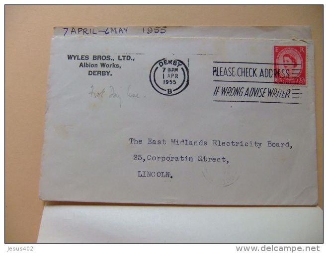 CARTA COVER U.K. FIRST DAY Of Use - PLEASE CHECK ADDRESS IF WRONG ADVISE WRITER - WYLES BROS LTD. Derby  1/4/55 - Cartas & Documentos