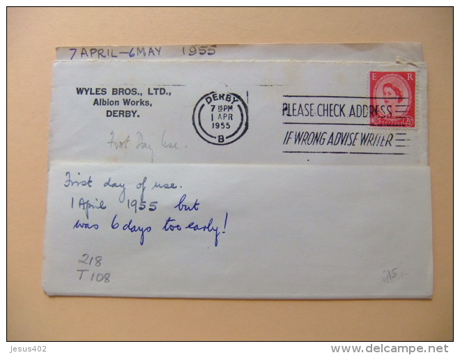 CARTA COVER U.K. FIRST DAY Of Use - PLEASE CHECK ADDRESS IF WRONG ADVISE WRITER - WYLES BROS LTD. Derby  1/4/55 - Cartas & Documentos