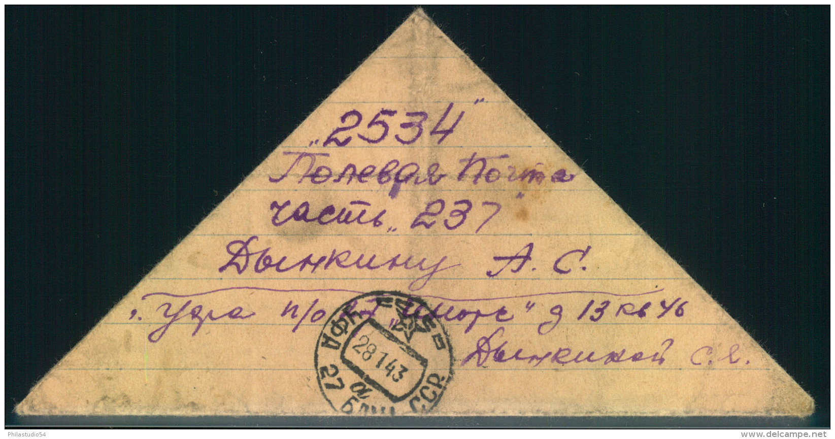 1943, Triangular Fieldpost Letter Sent From UFA (Siberia) To APO-number ""2534"" On The Lenigrad/Wolchow Front. - Covers & Documents