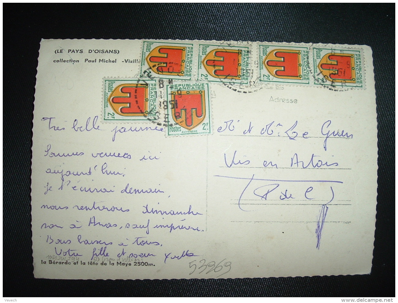 CP TP BLASON AUVERGNE 2F X6 OBL. Tiretée 11 9 1951 VENOSC (38 ISERE) - 1941-66 Armoiries Et Blasons