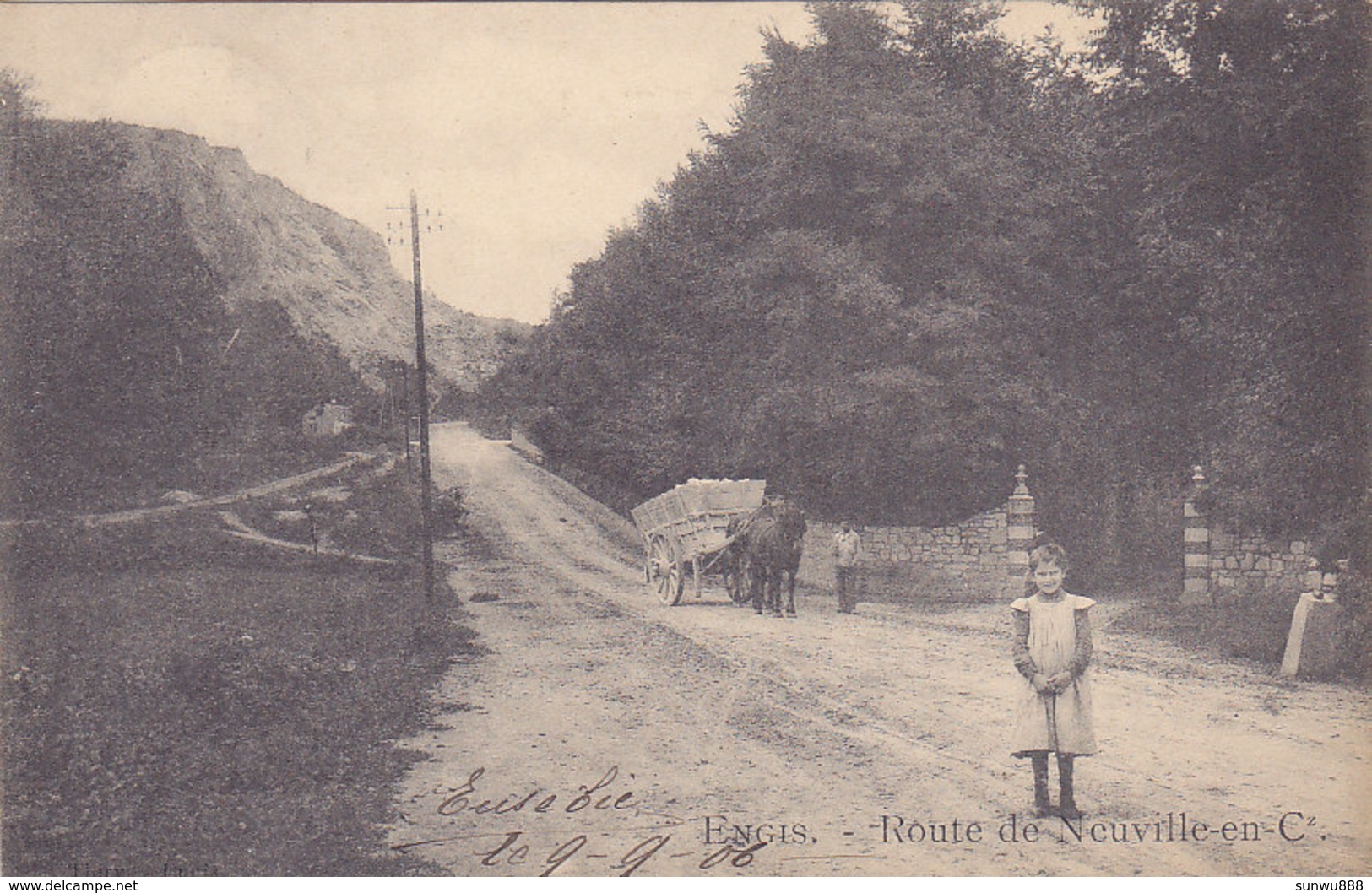 Engis - Route De Neuville-en-Condroz (animée, Attelage Pierres De La Carrière ? Précurseur) - Engis