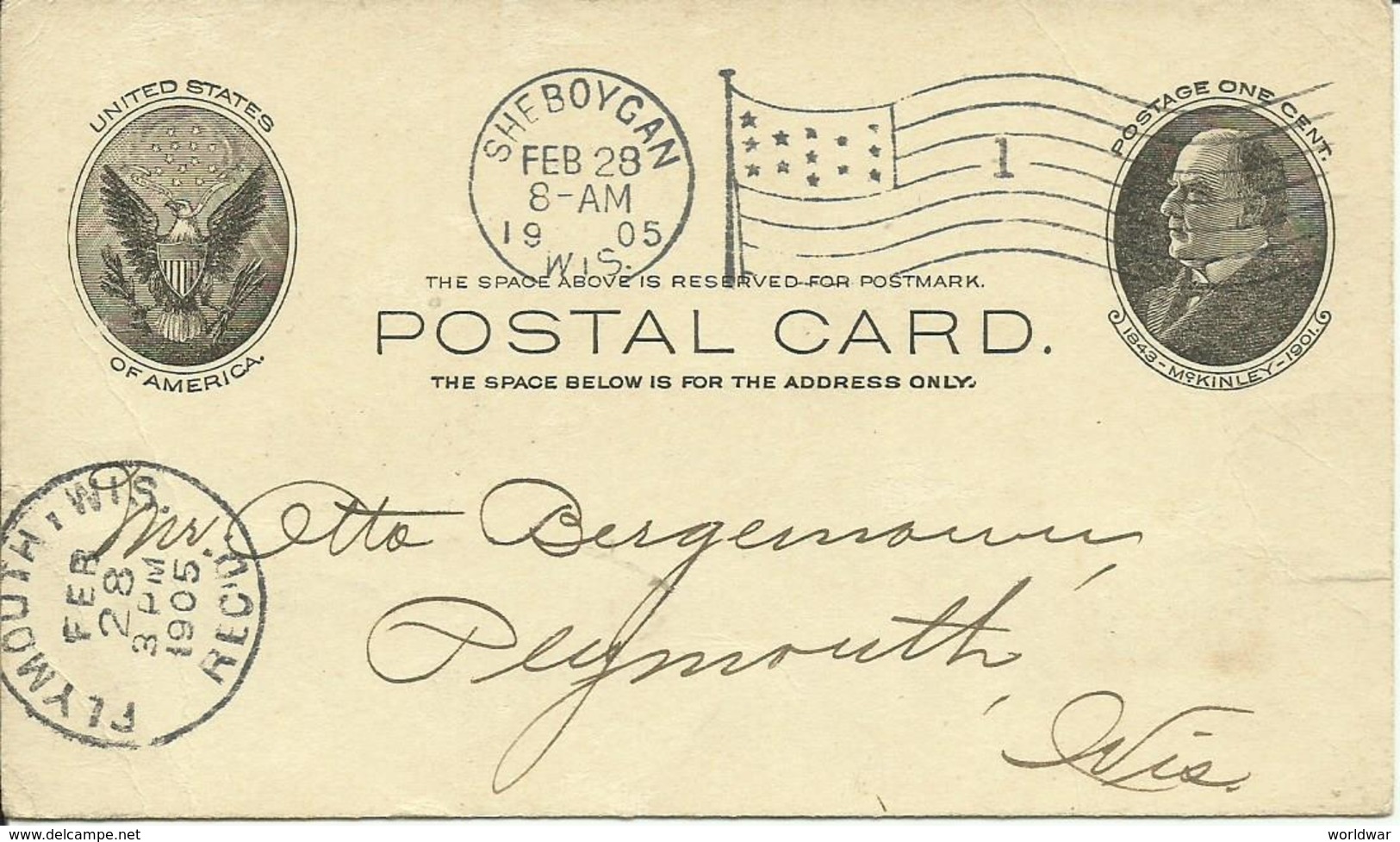 1905  Postal Card From Sheboycan, Wis. To Plymouth, Wis. - 1901-20