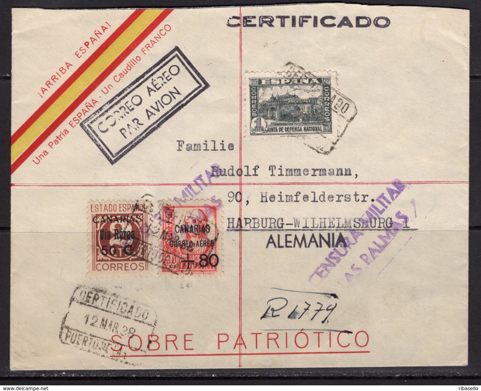 España 1938. Canarias. Carta De Las Palmas A Hamburgo. Censura. - Marcas De Censura Nacional