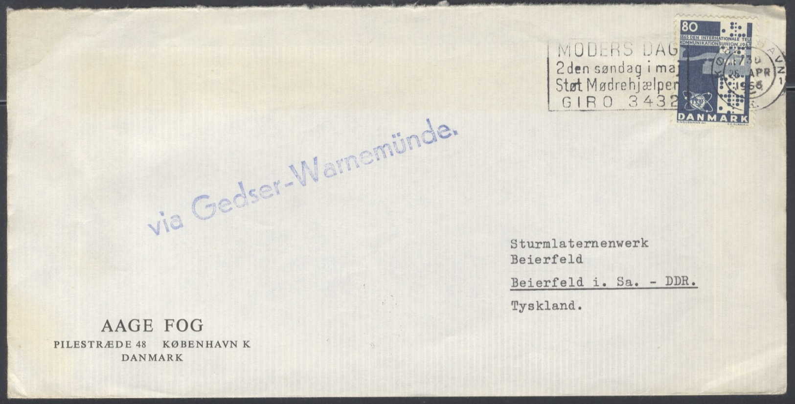 B1447 Denmark Dänemark Brief In DDR 1966 Nebenstempel Via Gedser-Warnemünde Stempel Kopenhagen Schwarzenberg - Briefe U. Dokumente