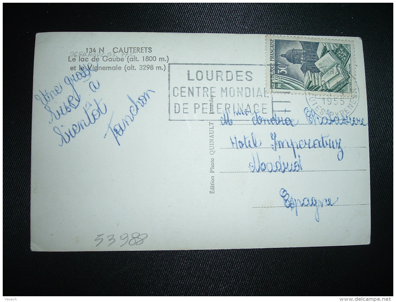 CP Pour ESPAGNE TP YT 971 EDITION ET RELIURE 30F OBL.MEC.3-9-1955 LOURDES (65 HAUTES PYRENEES) - 1921-1960: Période Moderne