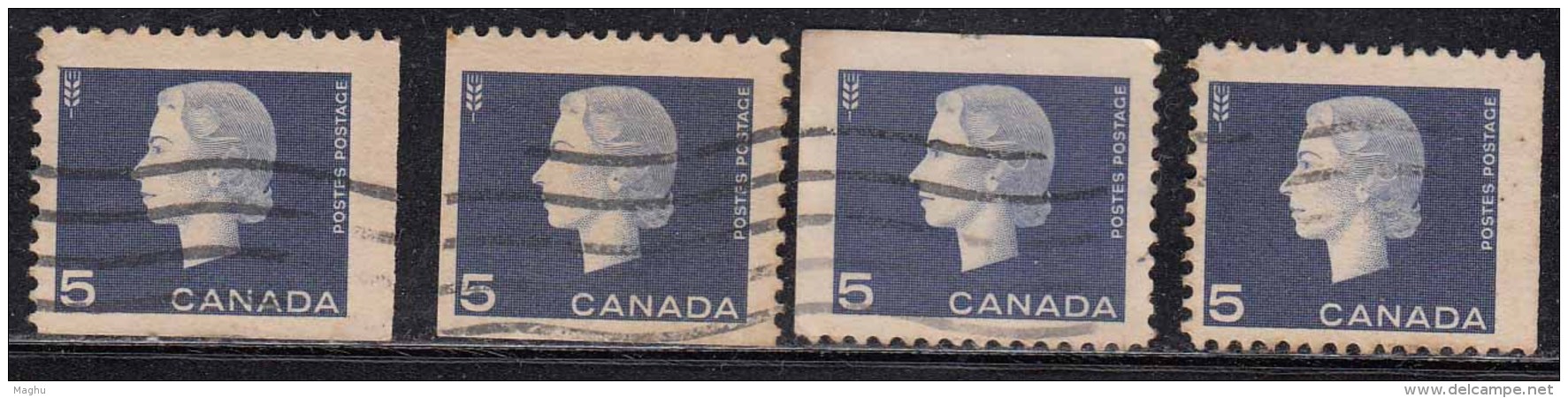 5c X 4 Diff; Position Booklet, Perf., Imperf,  Used, QE Series, Canada - Single Stamps