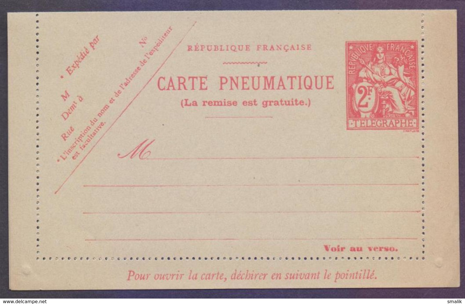 FRANCE Postal Stationery 2 F CARTE PNEUMATIQUE Telegraphe PPostal Cart Postcard Chaplain Type, Unused New - Neumáticos