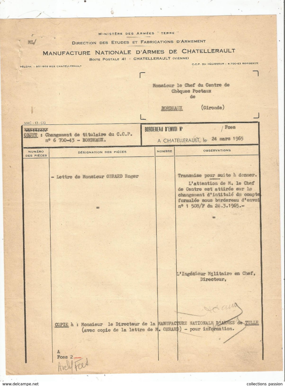 Bordereau D'envoi , Manufacture Nationale D'Armes De CHATELLERAULT , 1965 - 1950 - ...